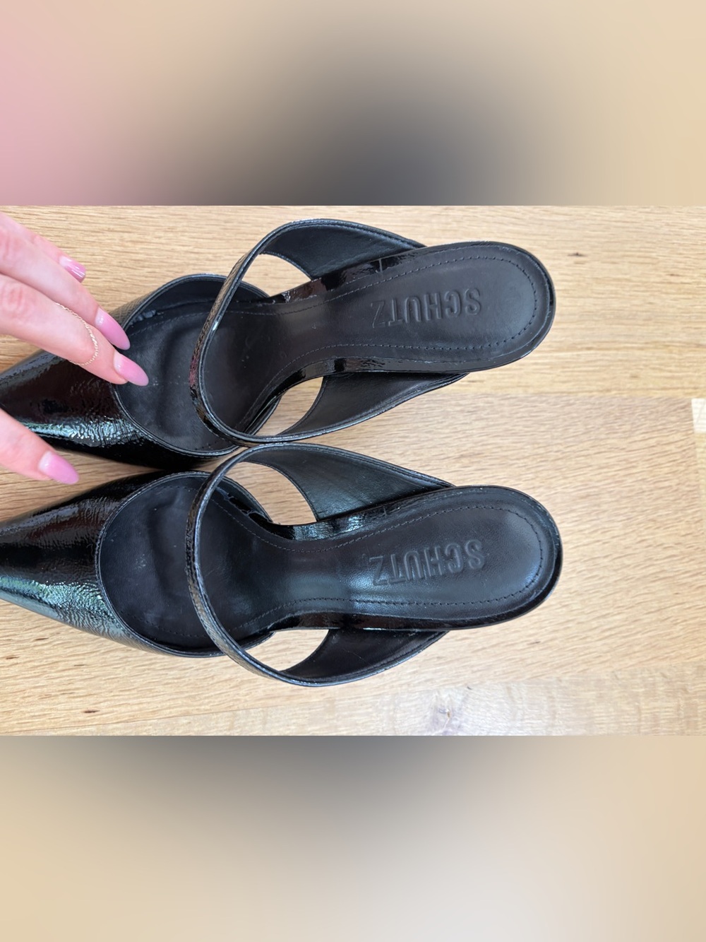 SCHUTZ Black Patent Pointed Toe Slip-On Heels - Picture 3 of 8